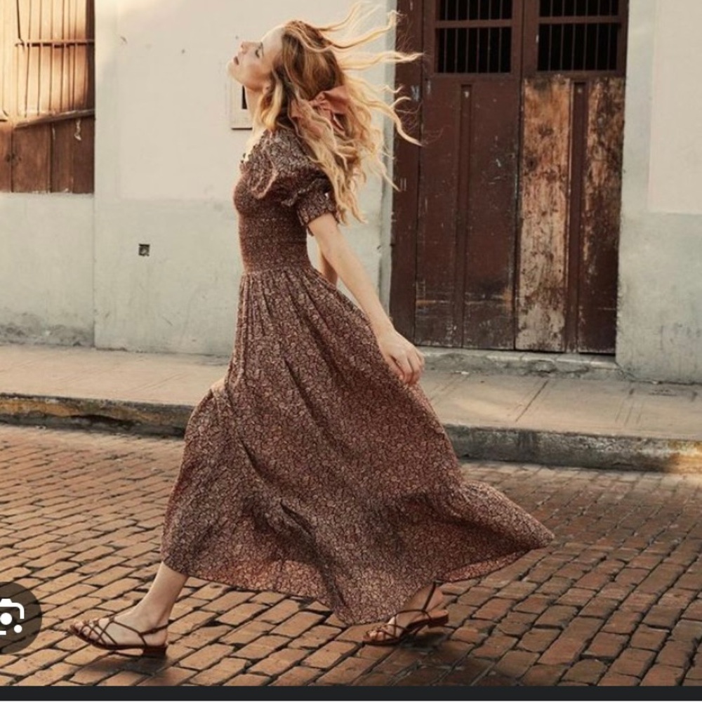 Bohme High Neck Smocked Sleeve Midi Dress